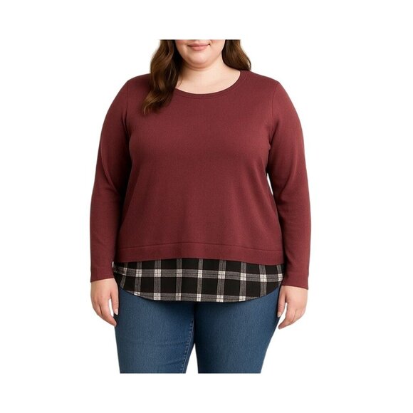 Croft & Barrow Burgundy Long Sleeve Plaid Hem Casual Layered Look Top Size Large - Picture 1 of 9